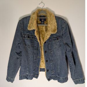 Faded Glory Sherpa Lined Denim Jacket Large 12 14 Faux Fur Lined Trucker Coat